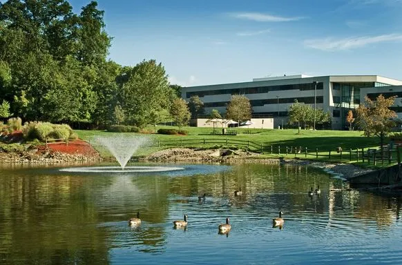 The pond and grounds surrounding the Jersey Cyber headquarters in Denville, New Jersey.