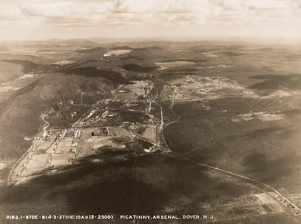 Historical aerial view of Picatinny Arsenal in Morris County, New Jersey.